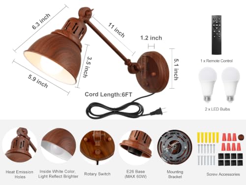 2 Pack Plug in Wall Sconces with Remote Control (Walnut-2 PACK(Bulbs+Remote))