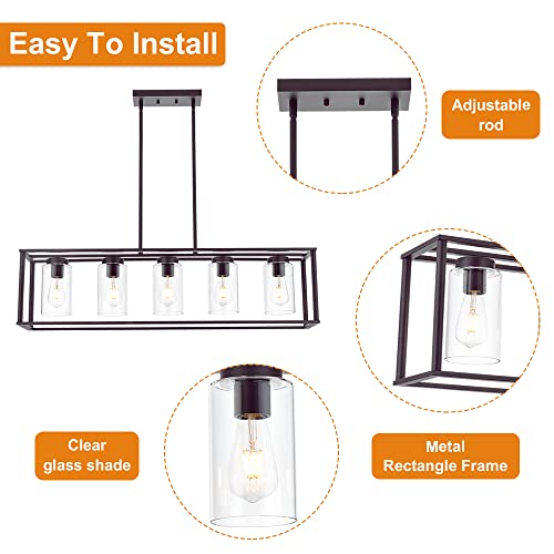5 Light Kitchen Island Chandeliers Oil Rubbed Bronze Modern Linear Cage Pendant Lighting with Clear Glass Shades Farmhouse Ceiling Light Fixtures Hanging for Dining Room Living Room (Oil-Rubbed Bronze / 5 Light)