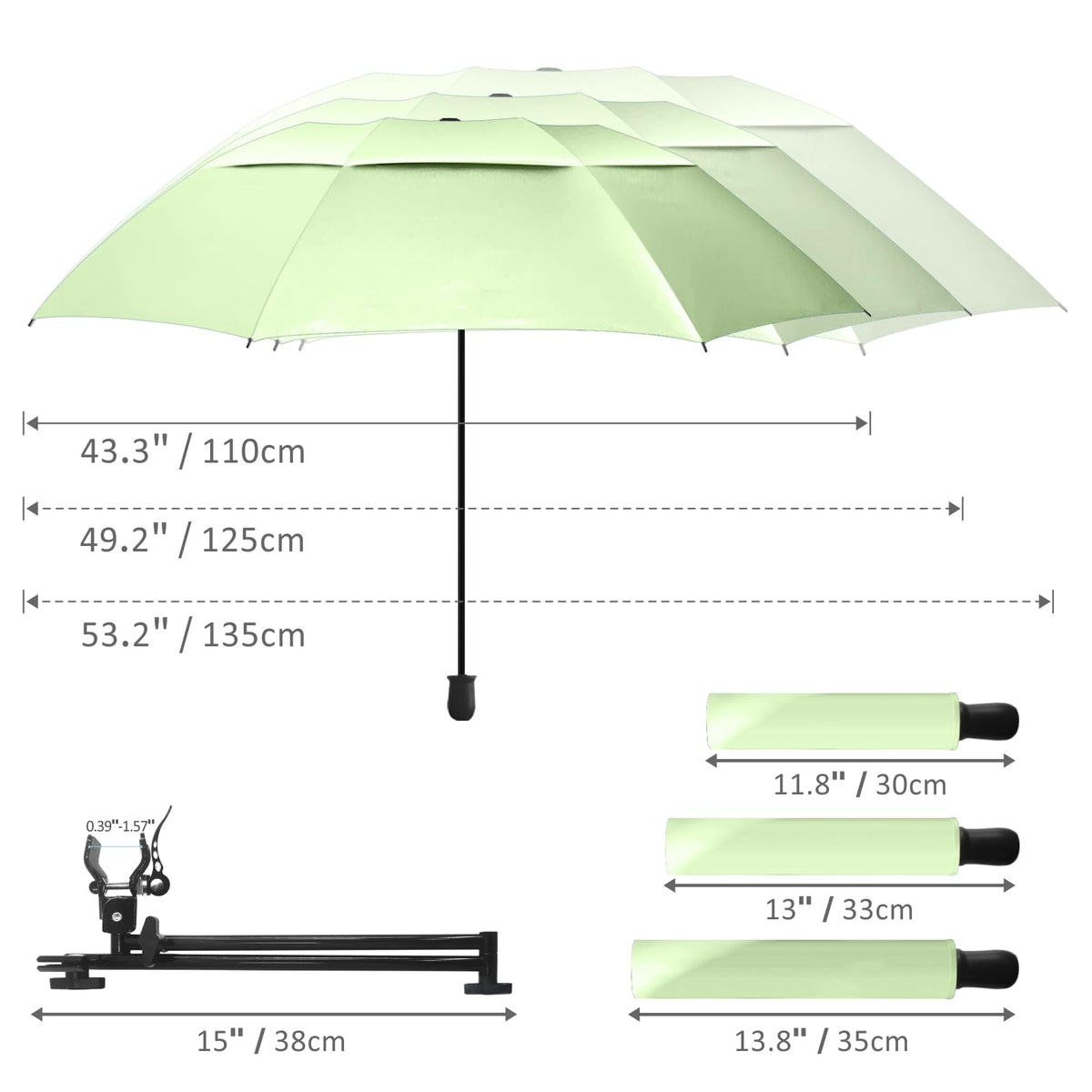 43.3in Adjustable Golf Umbrella Universal Clamp (Green / 43.3")