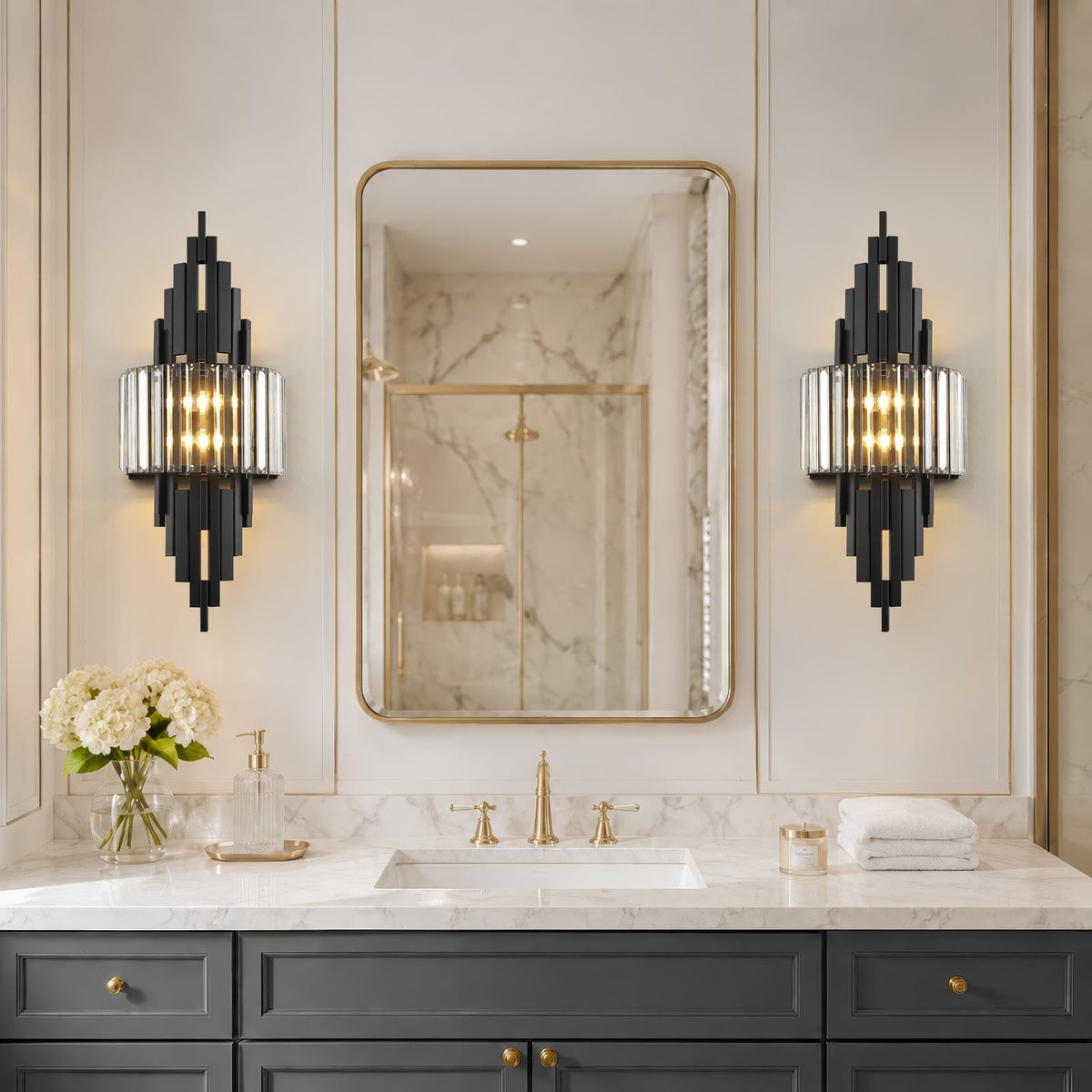 Black Crystal Wall Sconce set of 2 Mid Century Modern Vanity Bathroom Light (Black Rectangle-2P)