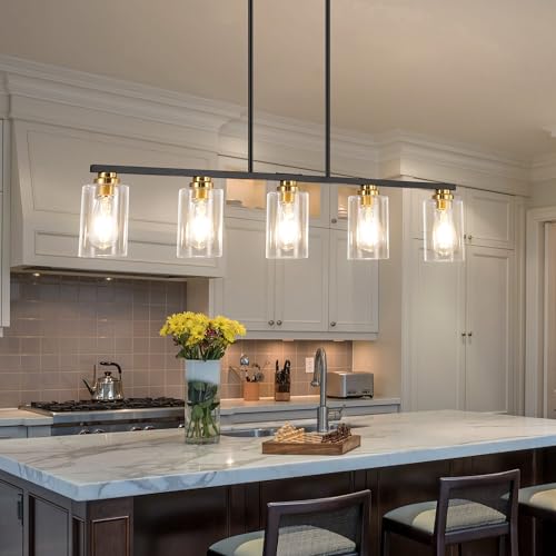 Island Light for Kitchen (Black & Gold / 5 Light + Clear Glass)
