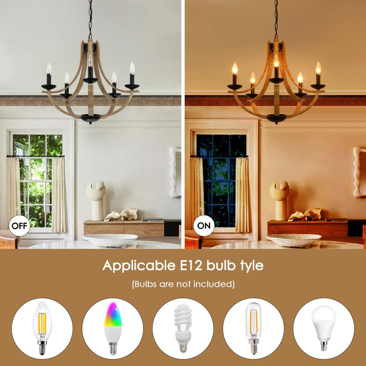 Farmhouse Chandeliers for Dining Room Light Fixture (Light Wood Grain 5-Lights D24'')