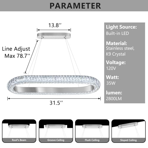 32'' Oval Ring Crystal Chandelier Modern LED Dimmable Ring Pendant Light Chandelier for Dining Room Living Room Silver (Silver / 1 Ring Oval 32")