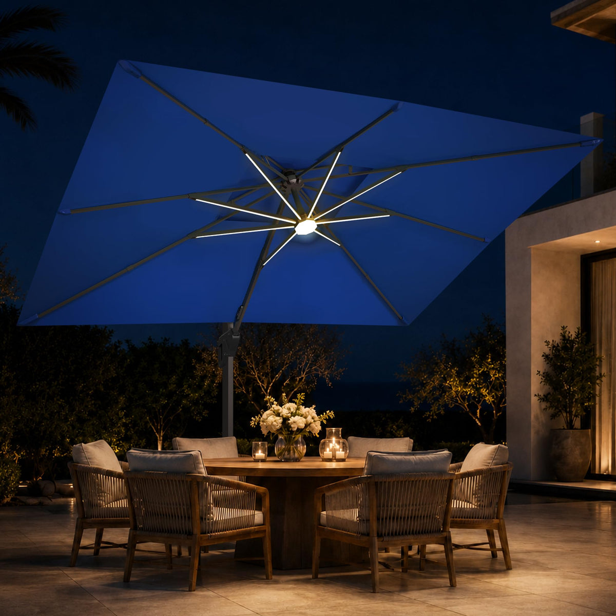 10x13 FT Cantilever Offset Patio Umbrella with Lights (Navy)