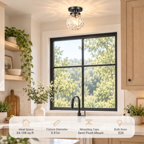 Small Semi Flush Mount Ceiling Light Fixtures (Black & Clear Harmmered Glass / 6in-1 light)
