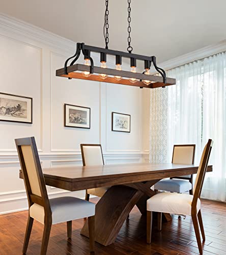 Rustic Kitchen Island Dining Room Light Fixture Farmhouse Linear Chandelier Black and Retro Wood Finish 5 (5-Light retro wood)