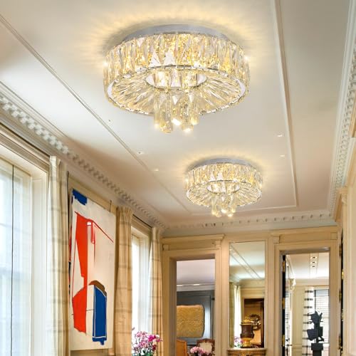 Mini Chandelier Modern Crystal Chandeliers for Hallway Light Fixture LED Flush Mount Ceiling Light Dimmable Lamp for Dining Room Living Room Bedroom (Silver / 11.8" Width)