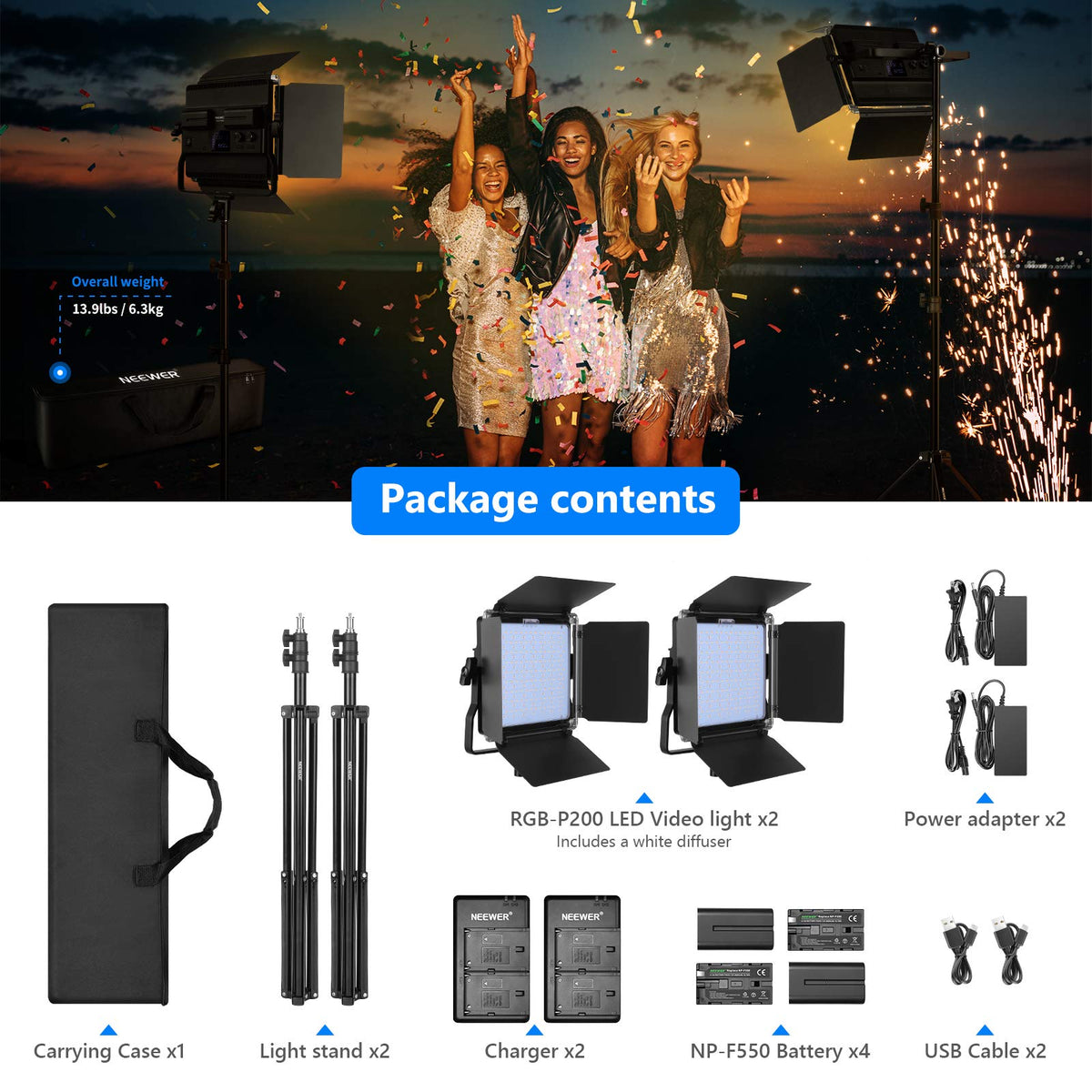 2 Packs P200 RGB LED Video Light Battery Kit with APP Control