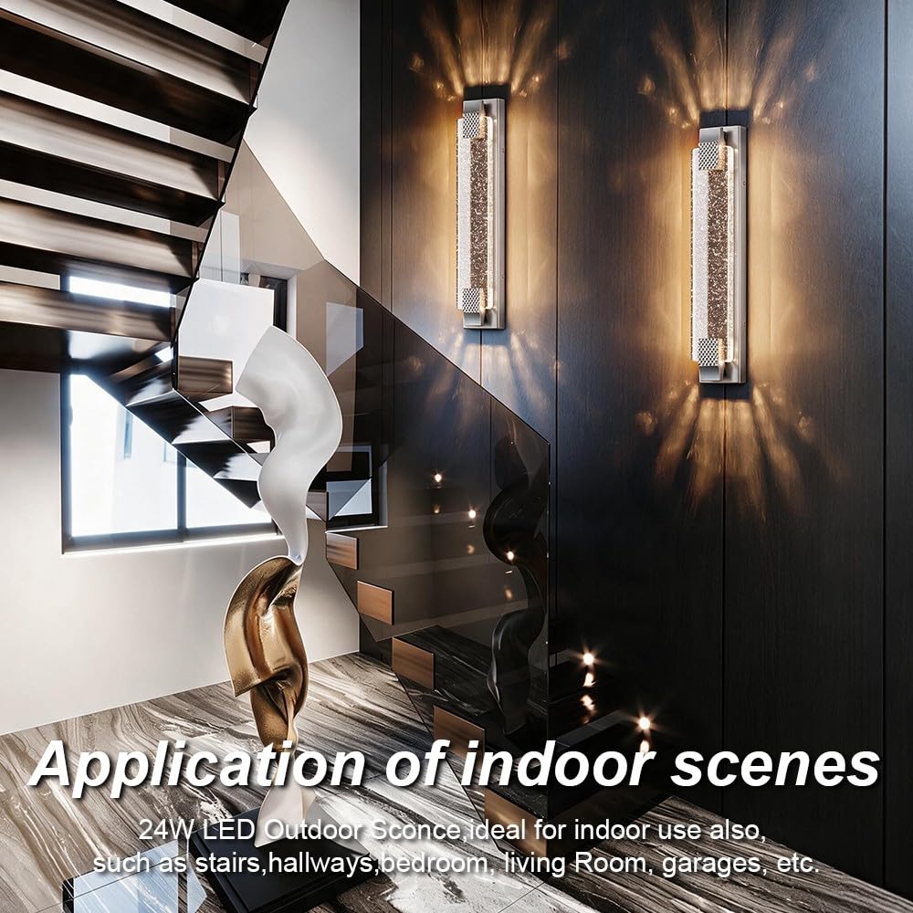 Aipsun 23.6" Nickel Outdoor Wall Sconce Modern LED Crystal Exterior Light (Nickel / 23.6 inch)