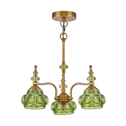 Vintage 5 Lights Gold Glass Pendant Lighting Rustic Style Chandelier Matte Brushed Antique Brass Finish with Crystal Glass Shade for Kitchen Island