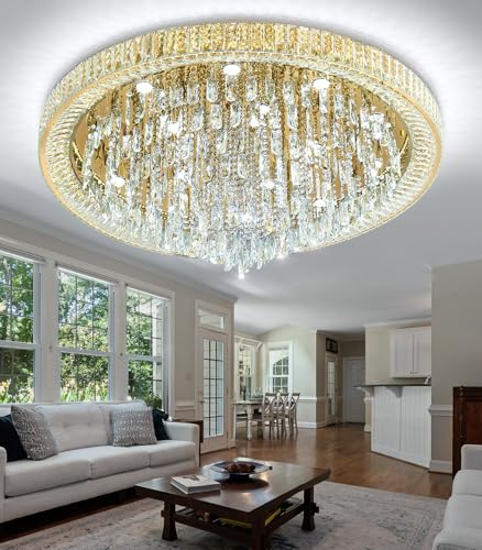 Modern Crystal Chandeliers LED Dimmable Flush Mount Ceiling Chandeliers for Living Room High Ceiling Entrance Foyer Lobby Bedroom Gold (Gold / 47.2" Width)