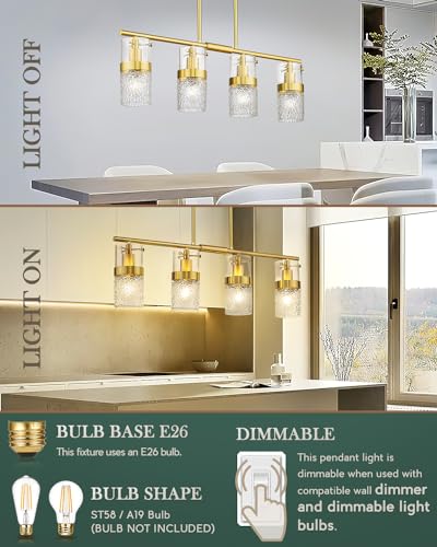 4 Light Brushed Gold Island Chandelier Lights for Kitchen (Gold -Hammered Glass / 3.5" Hammered Glass, 4-Light)
