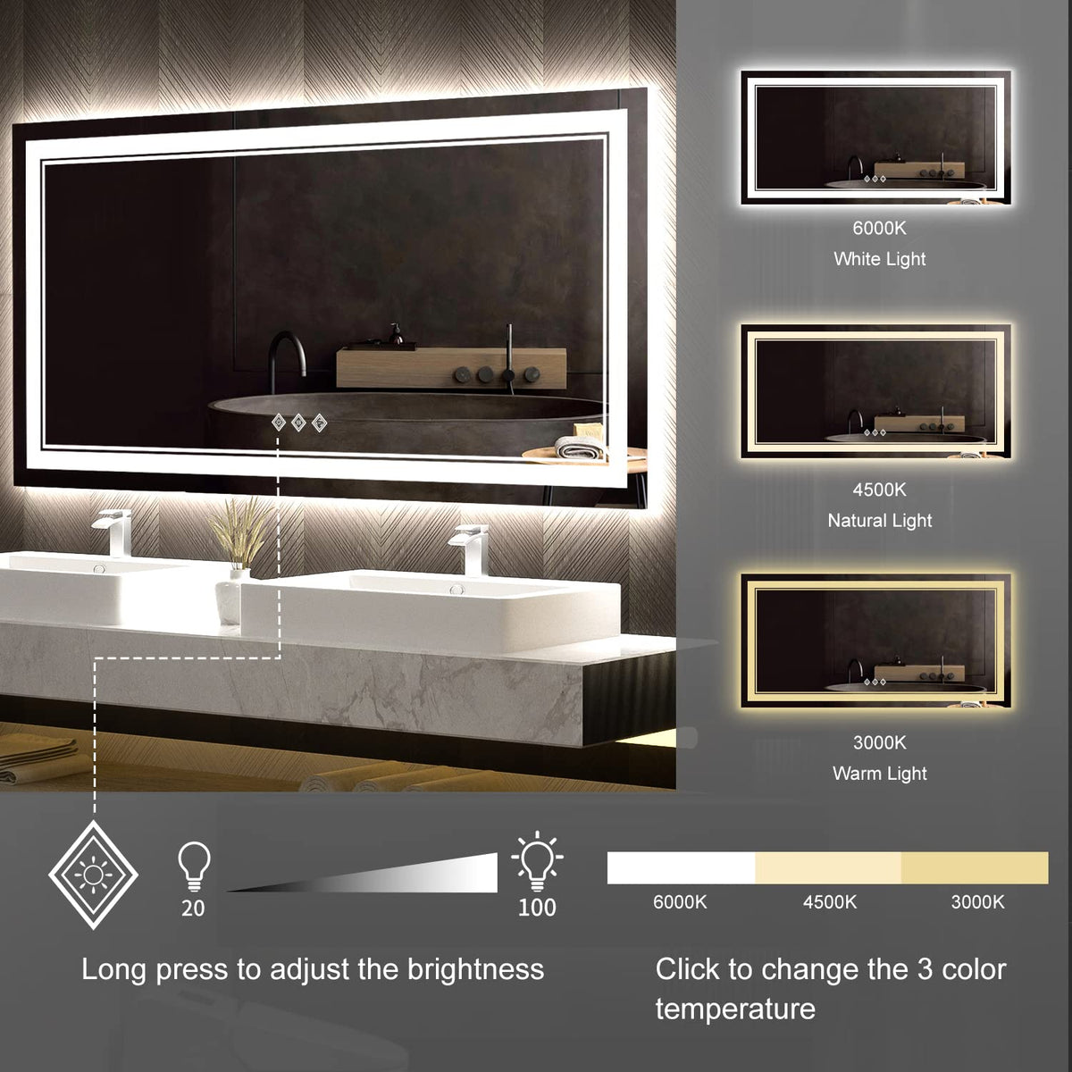 Bathroom Vanity Mirror (Front and Backlit / 48"L x 24"W)