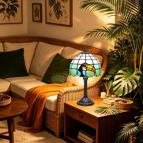 Small Tiffany Lamp Toucan Bird Stained Glass Lamp Classical Art Bedside Reading Lamps Vintage Dining Room Living Room Bedroom Office Desk Nightstand Black Tiffany Style Table Lamp Tropical Home Decor (Bird Lamp)