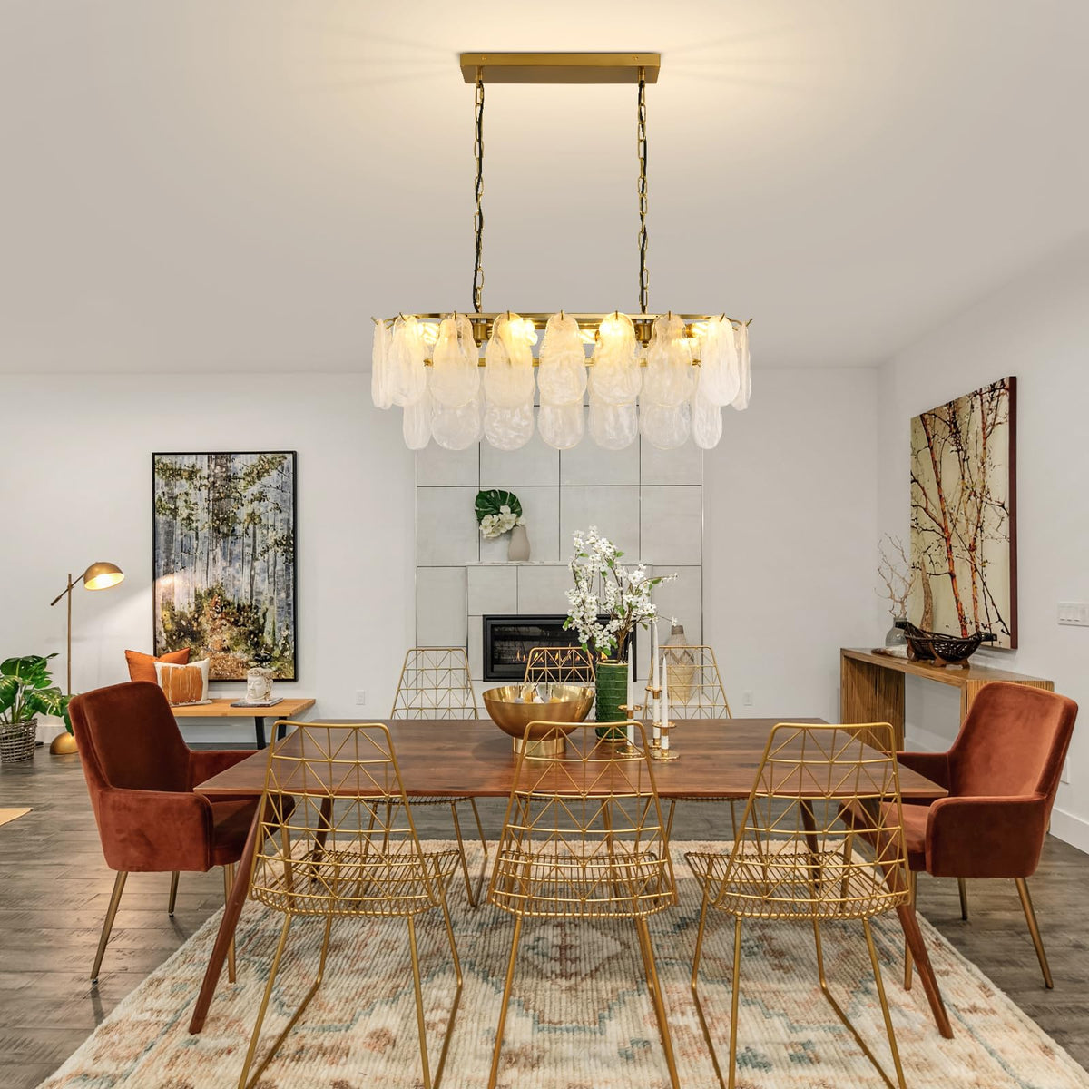 Gold Rectangle Chandeliers for Dining Room Modern Island Light Crystal Cloud Glass 8 (Gold / 31.5 inches)