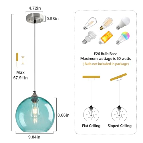 Aqua Pendant Lights Kitchen Island 3 Pack (Light Blue / L - 9.84 in)