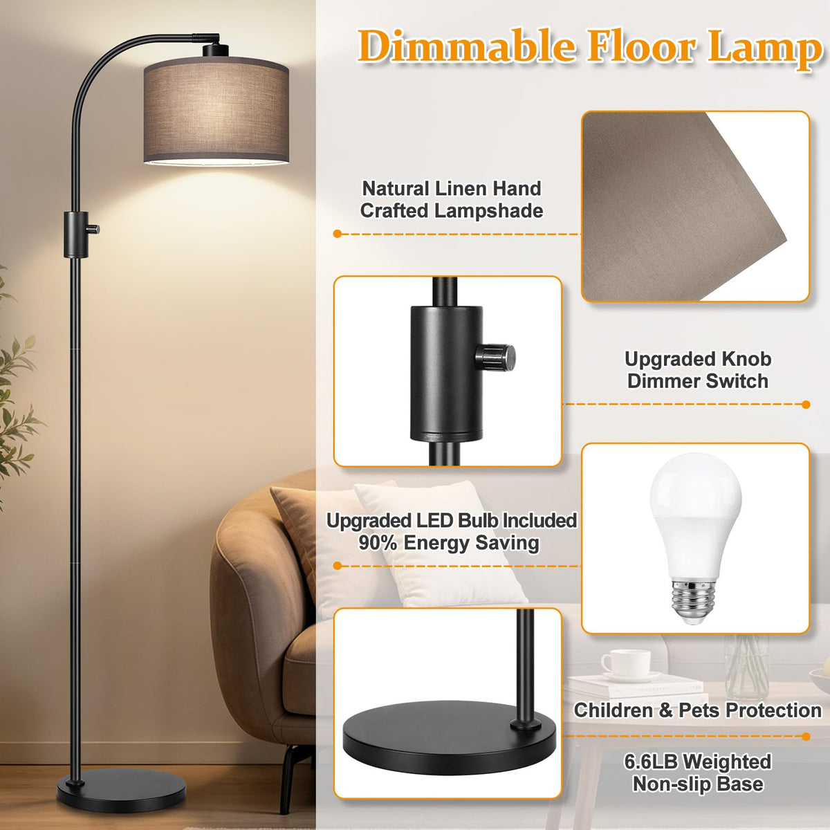 Dimmable Black Floor Lamp (Black - Khaki Linen Shade)
