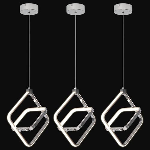 Modern LED Chandelier Chrome Rectangular Pendant Light Fixtures 4000K 20W Dimmable Height Adjustable Pendant Lighting for Dining Room Kitchen Island Bedroom Living Room Foyer（3 (Chrome / Square-3Pack)