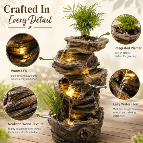 28" Wood Outdoor Water Fountain with Planter for Garden Decor (27.56"H / Brown)