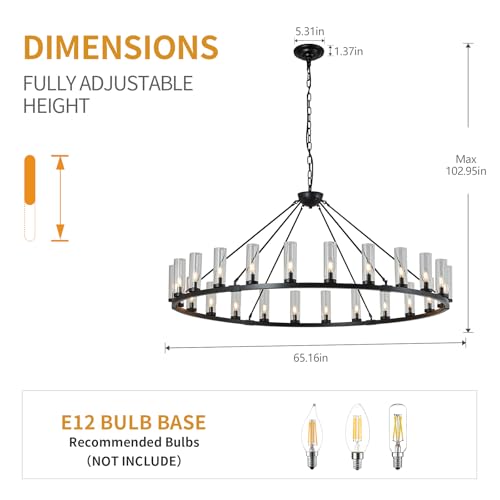 24 Light Large Wagon Wheel Chandelier with Clear Glass Shade Black Round Pendant Light Farmhouse Industrial Chandeliers Dining Room Light Fixture for Stair Living Room Foyer Kitchen (Black / 1 Tier-24 Lights)