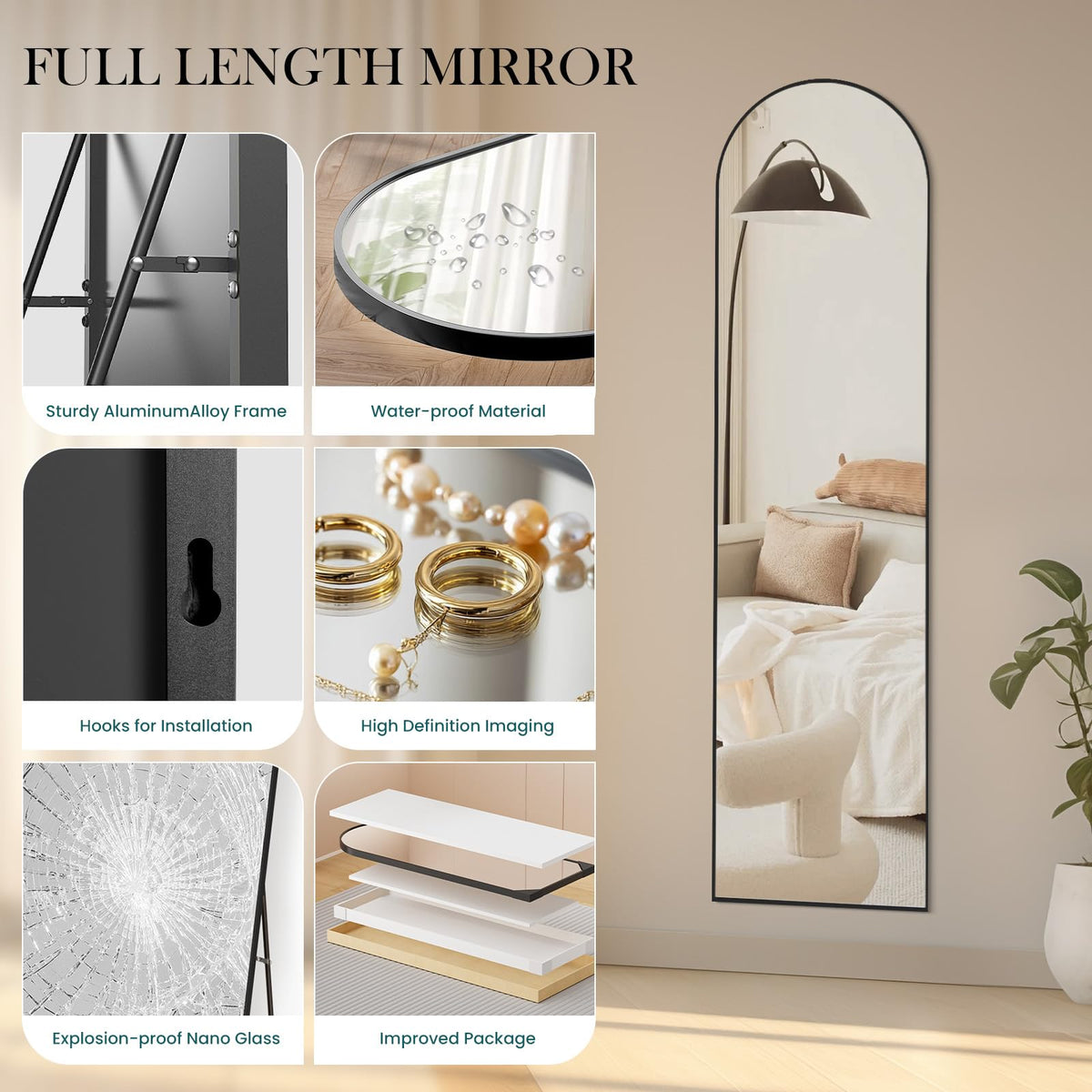 16"x60" Arched Full Length Floor Mirror (Black-arched / 60"L x 16"W)