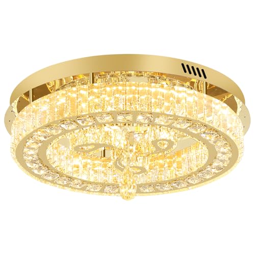 20'' Gold Modern Crystal Chandelier LED Dimmable Flush Mount Crystal Ceiling Light for Living Room Bedroom Dining Room (20in Gold)