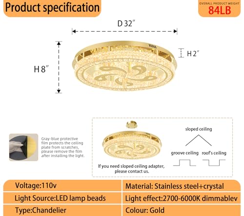 Modern Crystal Chandeliers for Dining Room Flush Mount Ceiling Chandelier for Living Room Dining Room Ring LED Crystal Ceiling Light (32in Gold)