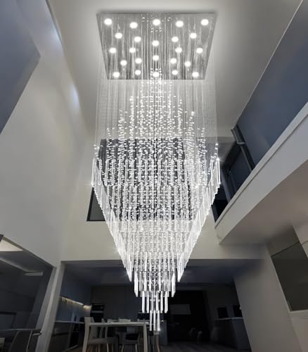 W47 x H120 Luxury Crystal Chandelier with LED Bulbs Glam Raindrop High Ceiling Square Light Chandeliers for Entrance Large Villa Foyer Living Room Lighting Fixtures Silver (Silver / Square W47" X H118")