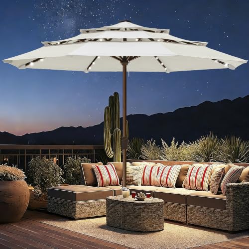USA 10-Year-Non-Fading 10ft 3-Tier Market Patio Umbrella, Commercial Table Umbrella with 80 Solar LED Lights, Crank Open, Windproof & UPF 50+ UV Protection for Garden, Deck, Pool, Backyard, No Tilt, White (White / 10FT(Triple Vents No Tilt))