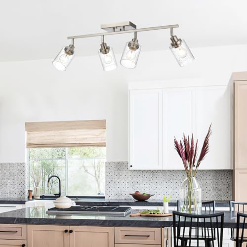 4 Light Brushed Nickel Kitchen Track Lighting Fixtures Ceiling Mount Track Lighting Kit with Bubble Seeded Glass Shade Modern Bathroom Tracking Vanity Lights Ceiling Tracking Accent Shop Light (Brushed Nickel / 4-Light)