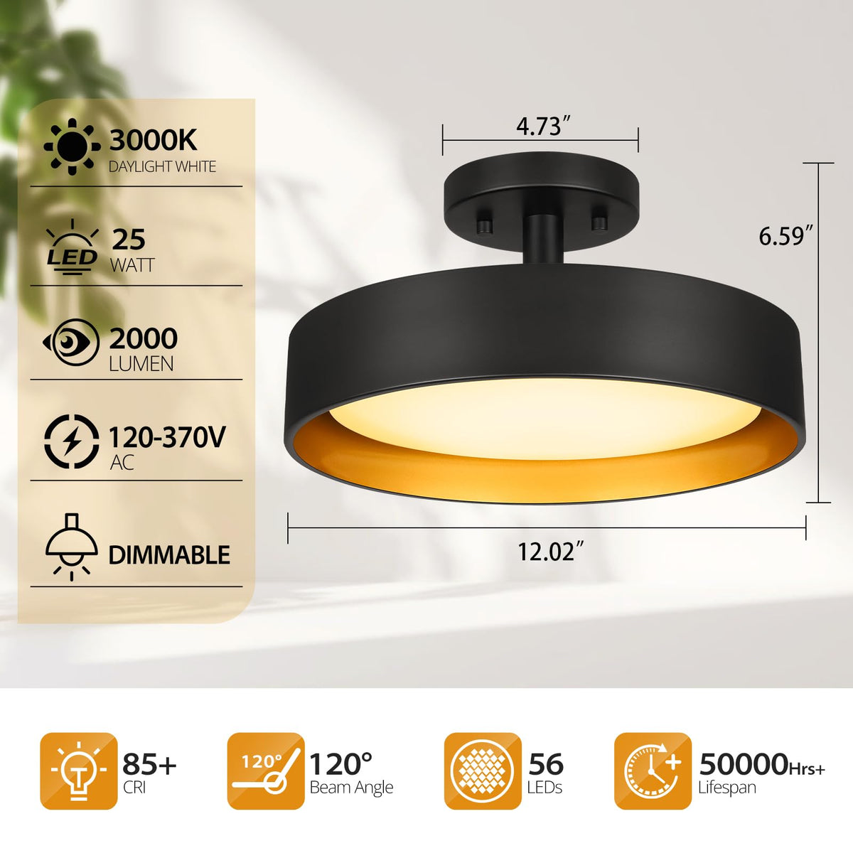 Semi Flush Mount LED Ceiling Light 3000K (Warm White)