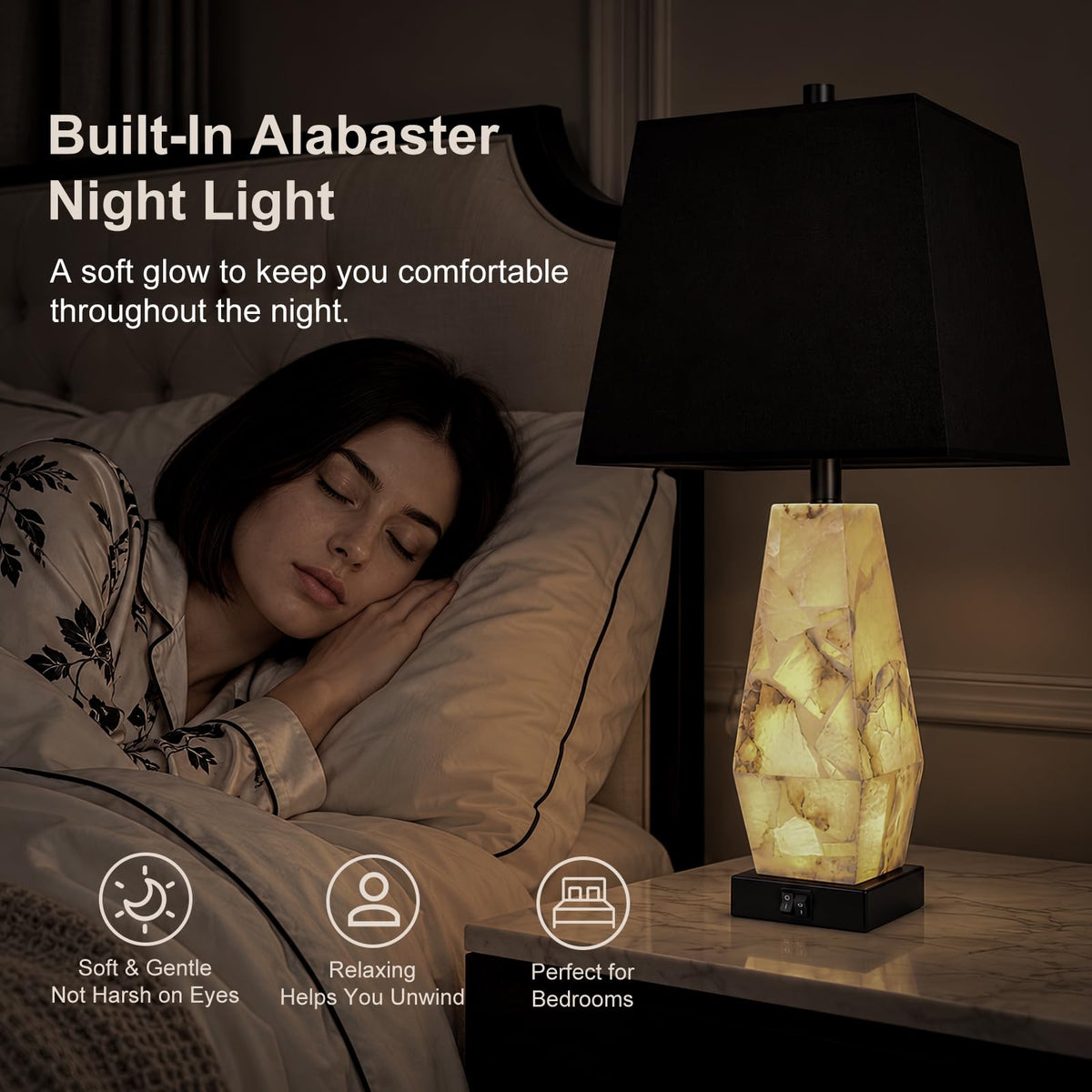 25" Alabaster Table Lamps Set of 2 with Night Light (Ivory White)