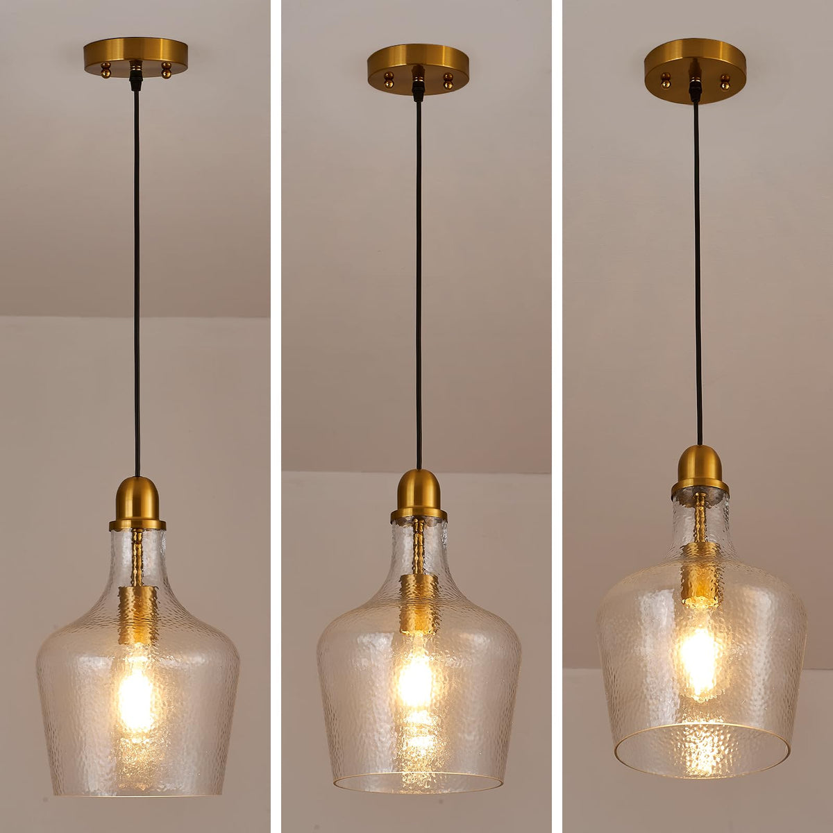 Glass Pendant Light Modern Brass 1 Light Single Dome Pendant Lighting Fixtures for Kitchen Island Dining Room Hallway (Brass-Hammered)