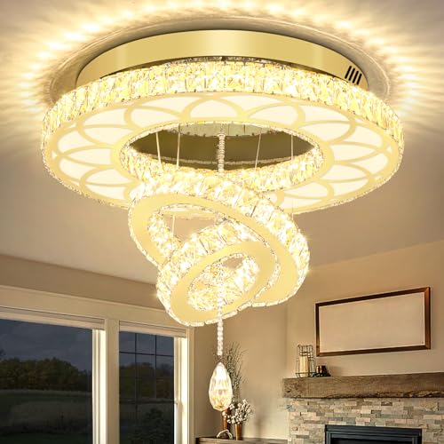 Dia 24" Modern Crystal Chandelier for Living Room Gold Ceiling Chandelier Flush Mount Crystal Ceiling Light for Dining Room Bedroom Hallway (Gold / W:24inches)