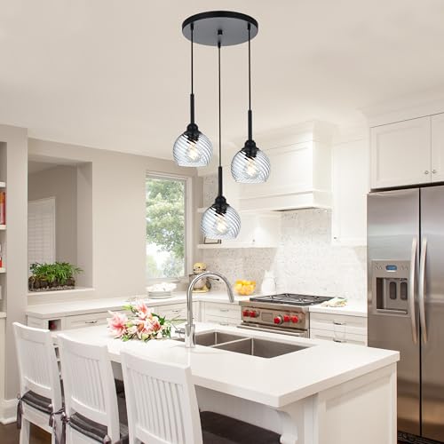 3 Light Black Cluster Pendant Light with Striped Swirl Globe Glass Pendant Lighting for Kitchen Island (Transparent / 3-Light-Round Cluster)
