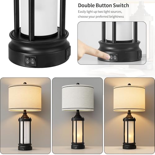 25'' Table Lamps for Bedroom Living Room Lamps Set of 2 Farmhouse Nightstand Bedside Lamps with USB Ports (Black & Beige)