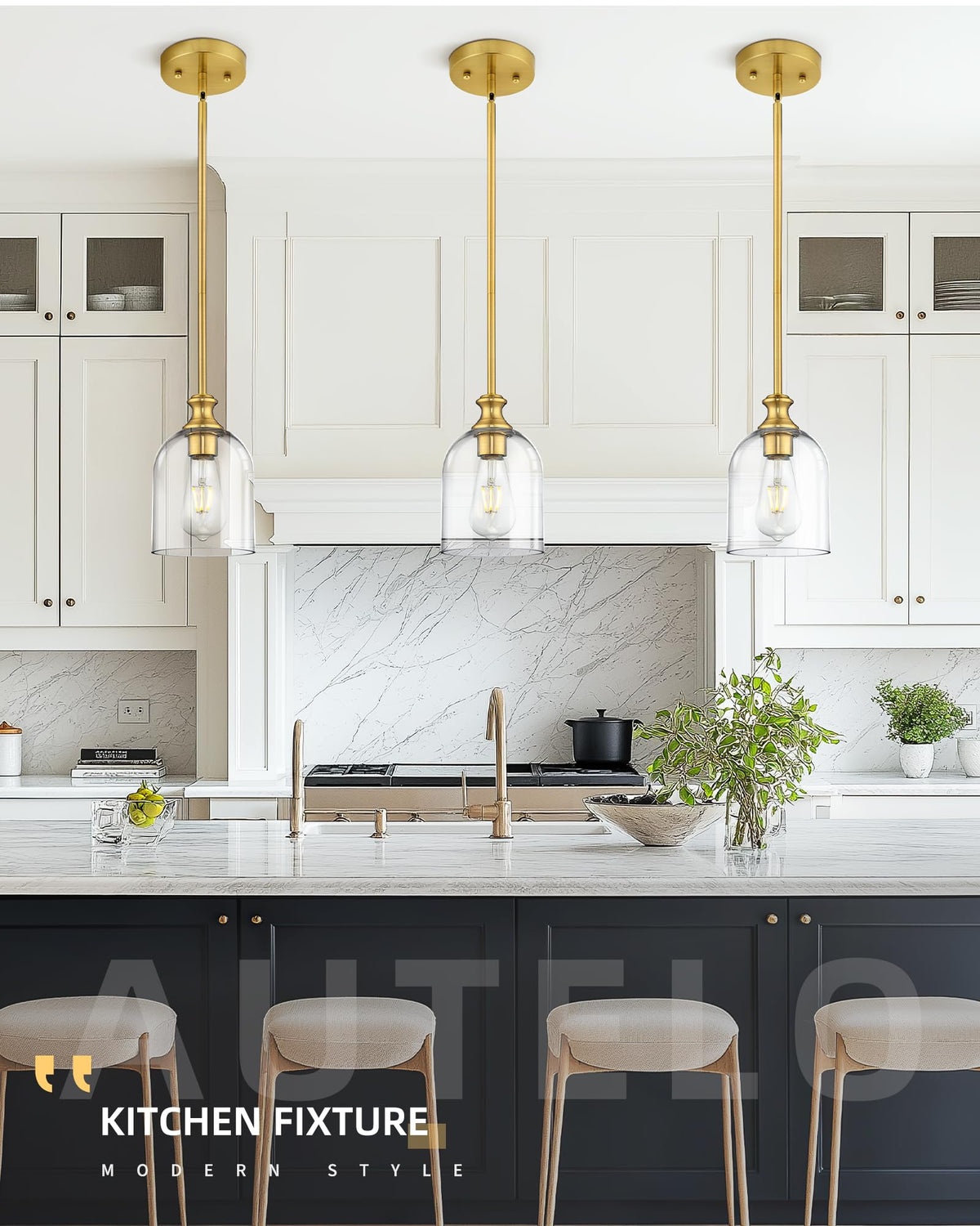 Modern Gold Pendant Lights Kitchen Island Cylinder Glass (1 Pack-Brushed Gold+Clear Glass(Easy to install))