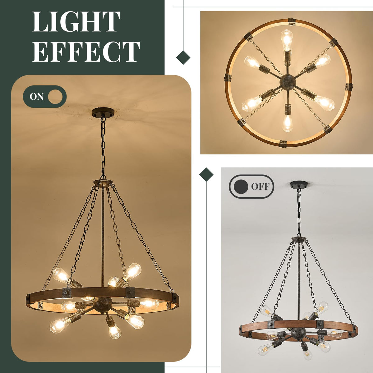 Farmhouse Wagon Wheel Chandelier 31" Wooden Chandelier Light Fixture (Walnut / 31.5 inch 9-Light)