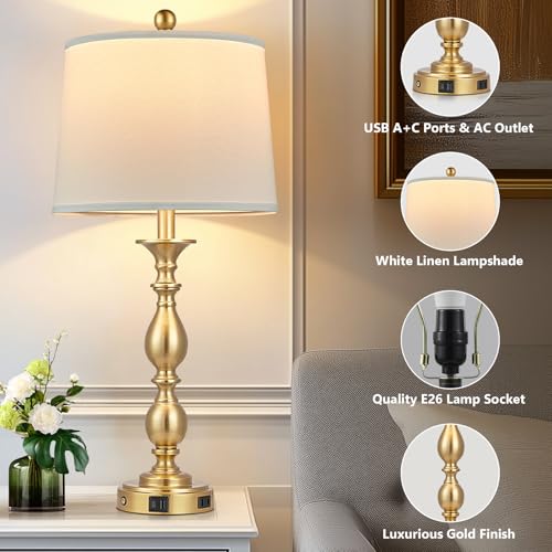 28" Tall Modern Table Lamps Set of 2 with USB A+C Ports and AC Outlet (Gold-2 Pack)