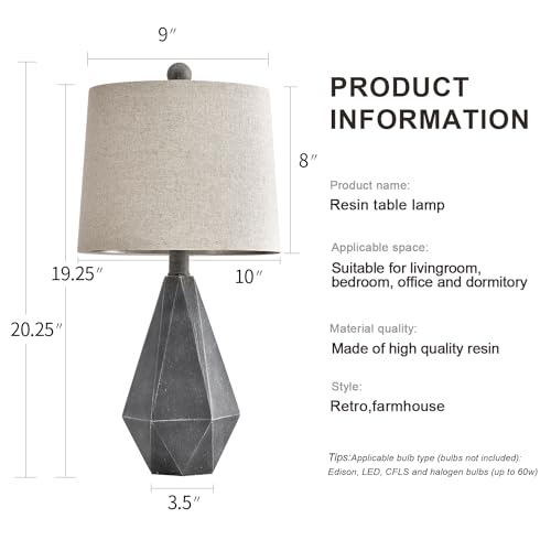 20.25" Rustic Farmhouse Table Lamp Sets of 2 for Living Room Bedroom Deep Grey Contemporary Classic Bedside Nightstand Lamp with White Fabric Shade (Small - Dark Grey)