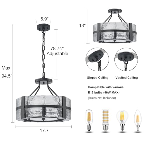 Black Glass Drum Chandelier 18" Modern Glass Chandeliers for Dining Room (Black / 18")