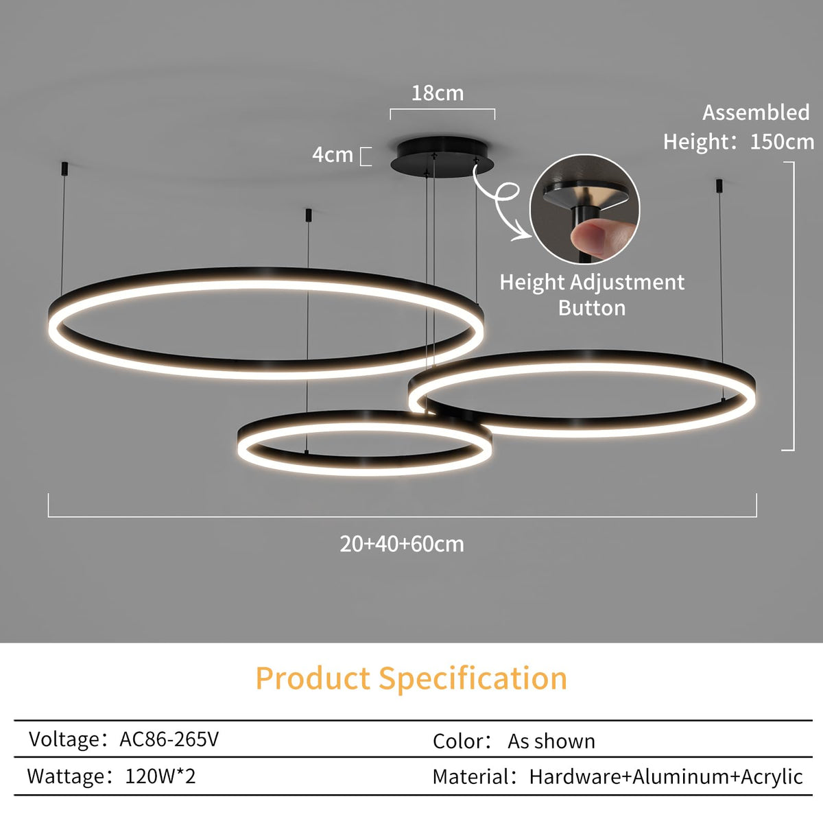Modern Ceiling Chandelier Light (Black / 7.87+15.74+23.62in)