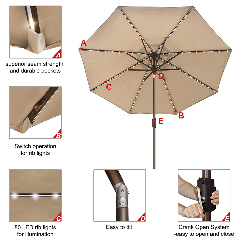 USA 10-Year-Non-Fading 9ft Market Patio Umbrella, Commercial Grade Table Sun Umbrella with 80 Solar LED Lights, Crank Open, Windproof & UPF 50+ UV Protection for Garden, Deck, Pool, Backyard, Heather Beige (Heather Beige / 9 FT(Single Vent Tilt))