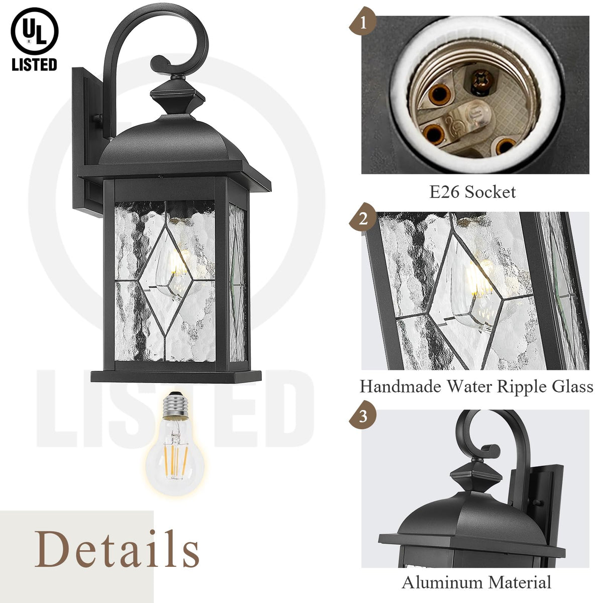 Porch Lights Outdoor 21 Inch Large Outdoor Wall Lights with Clear Water Ripple Glass Aluminum Waterproof and E26 Socket (Black / 21 inch)