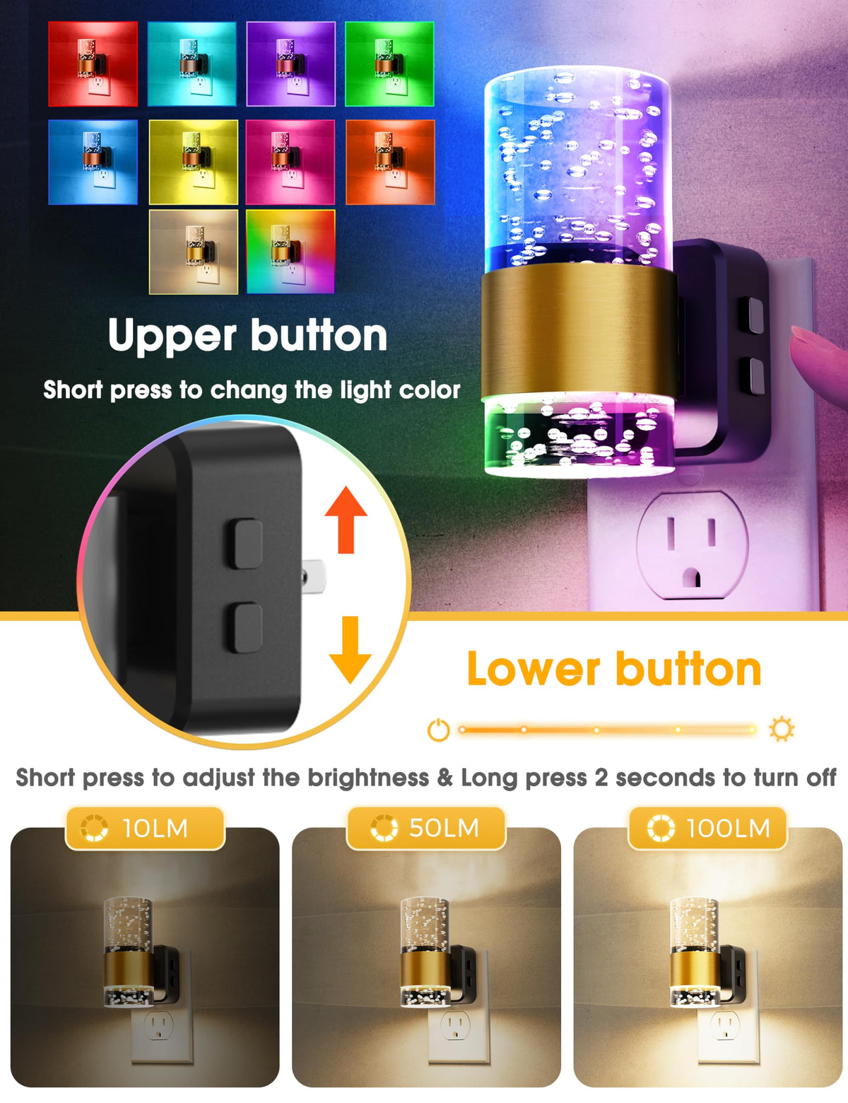 Night Lights Plug into wall (Gold Ring-RGB / 2 Pack)
