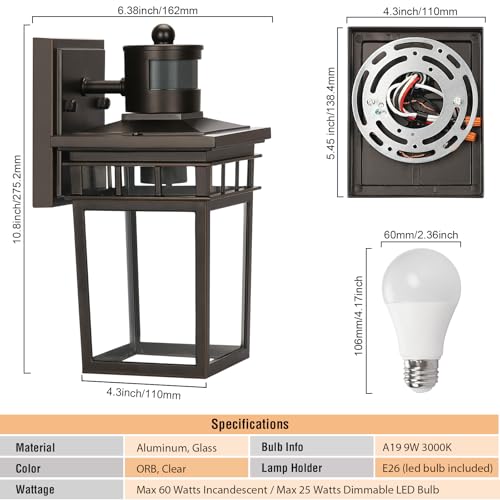 Dusk to Dawn Motion Sensor Outdoor Wall Lantern with 4 Modes and LED Bulb (Oil-Rubbed Bronze)