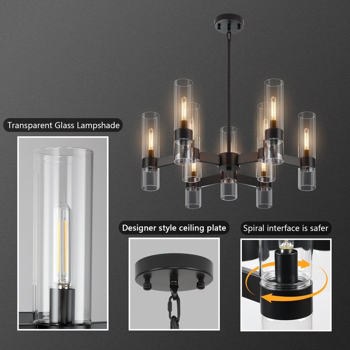 9 Light Black Chandelier (Black / 9-Light L28'')