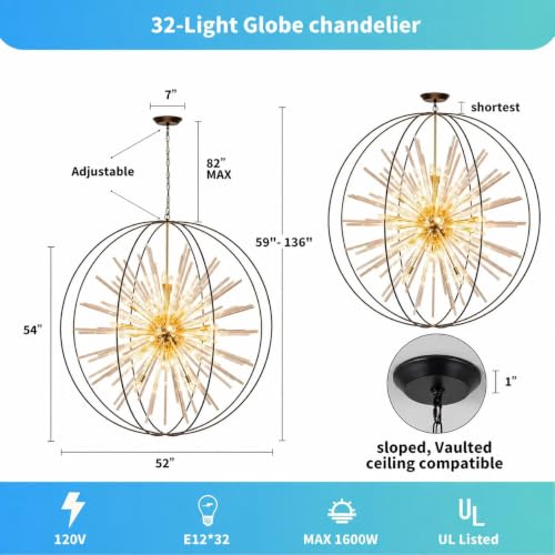 Black and Gold Crystal Chandelier for High Ceiling Foyer Entryway (Black &Gold / Globe D52")