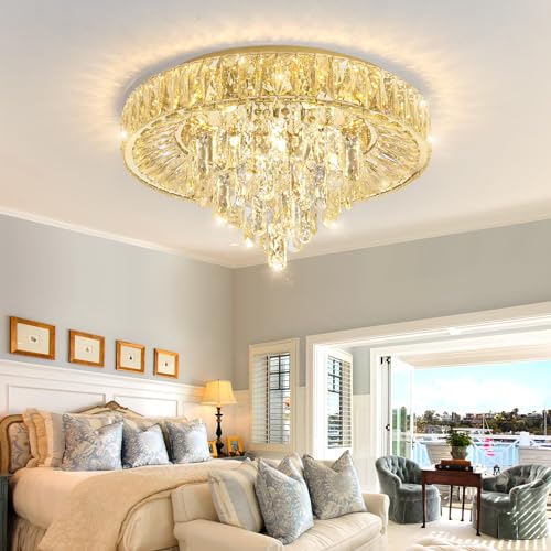 Modern Crystal Chandeliers for Dining Room LED Light Fixture Close to Ceiling Chandelier Flush Mount Ceiling Light Dimmable Lamp with Remote for Living Room Bedroom Hallway (Gold / 19.7" Width)