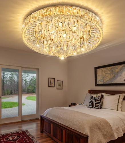 23.6" Modern Crystal Chandeliers LED Dimmable Flush Mount Ceiling Chandeliers for Living Room Entrance Foyer Bedroom Gold (Gold / 23.6" Width)